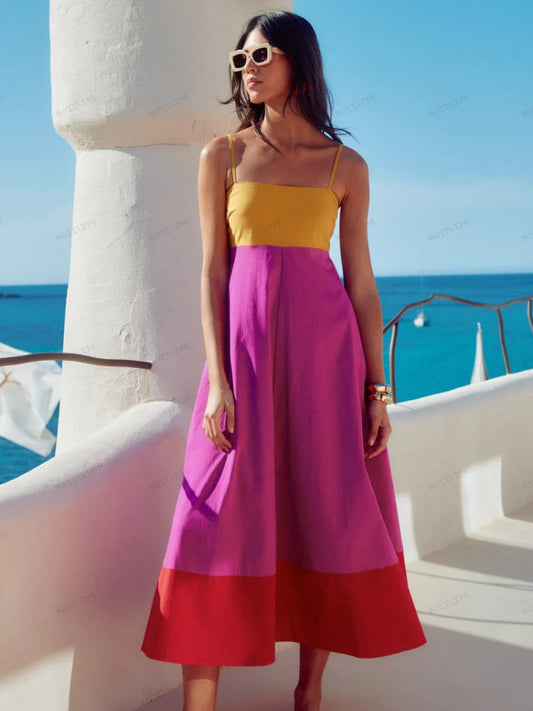 Vacation-Style Color Block Spaghetti Strap Dress