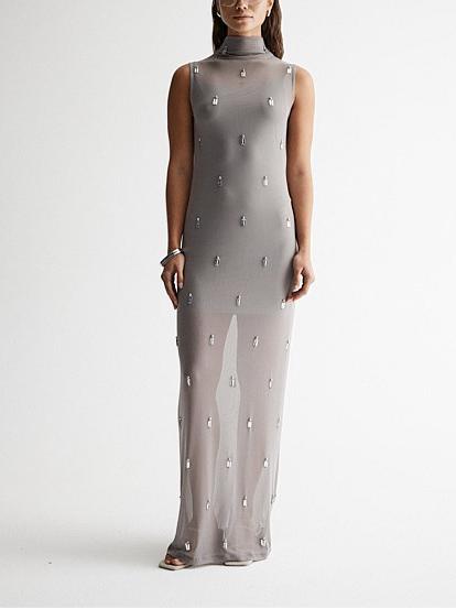 Sheer Mesh Beaded Embellishment Maxi Dress