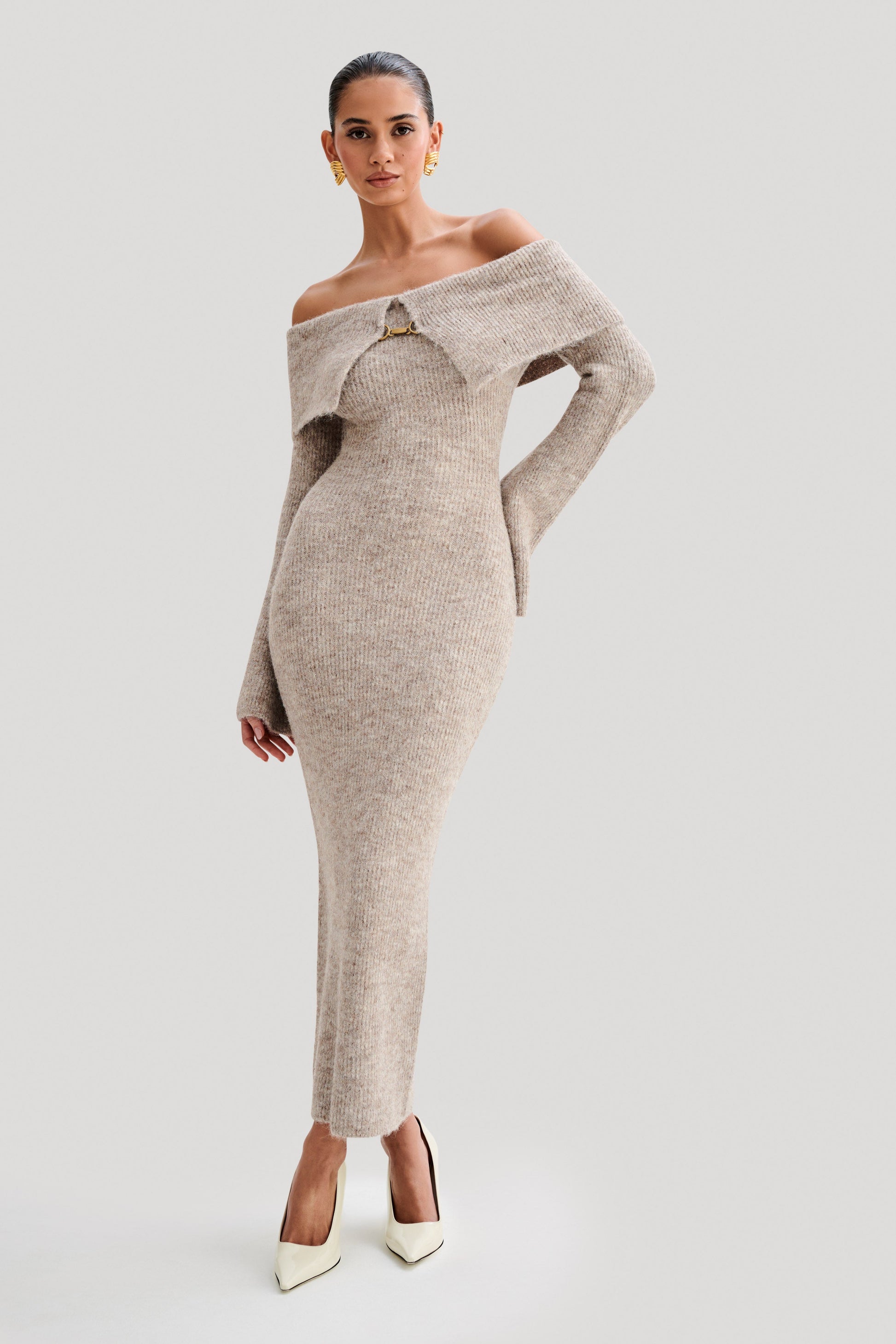 Baxter Off Shoulder Fluffy Knit Midi Dress - Taupe Marle dollhouselondon Baxter Off Shoulder Fluffy Knit Midi Dress - Taupe Marle dollhouselondon