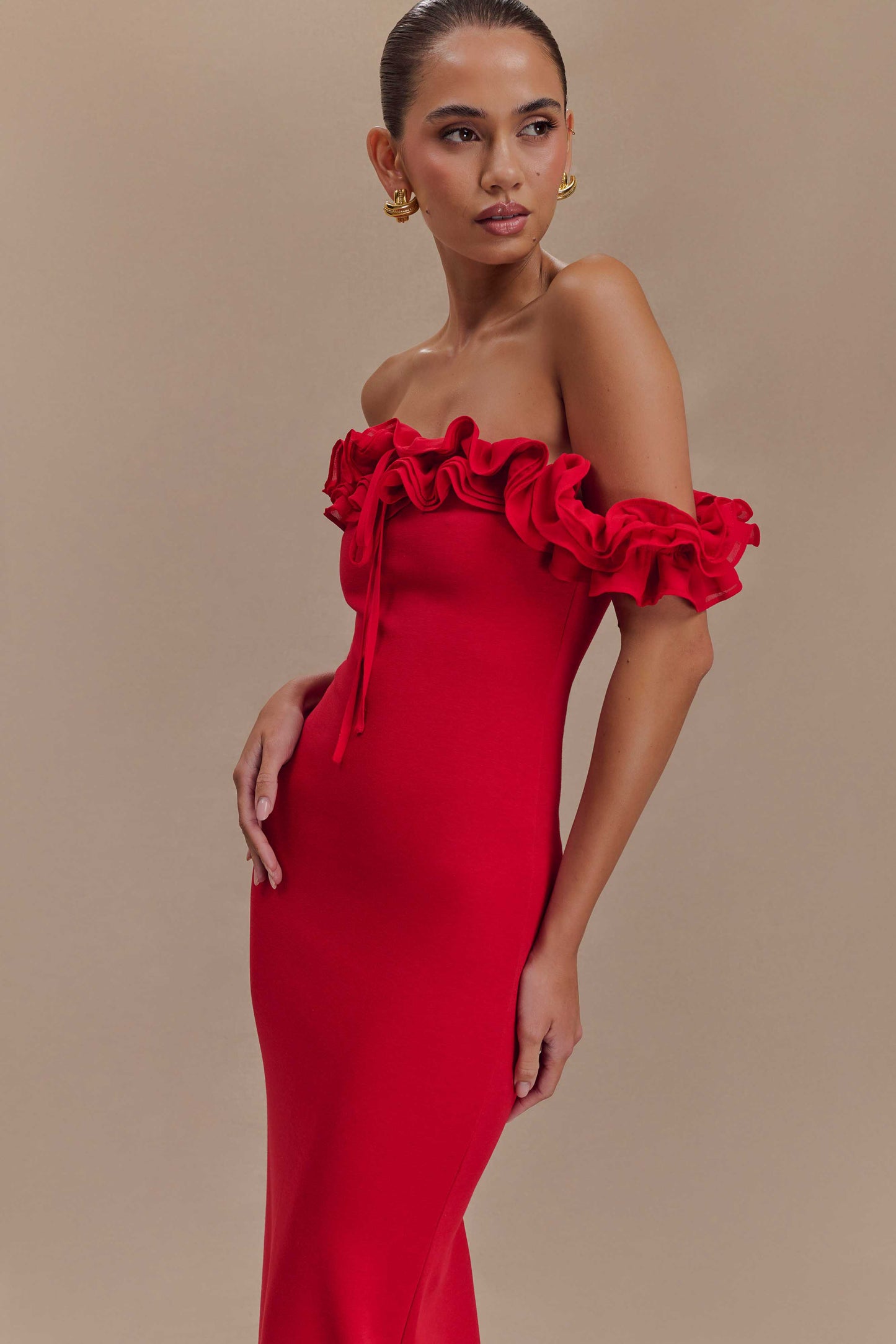 Nova Ruffle Off Shoulder Maxi Dress - Ruby
