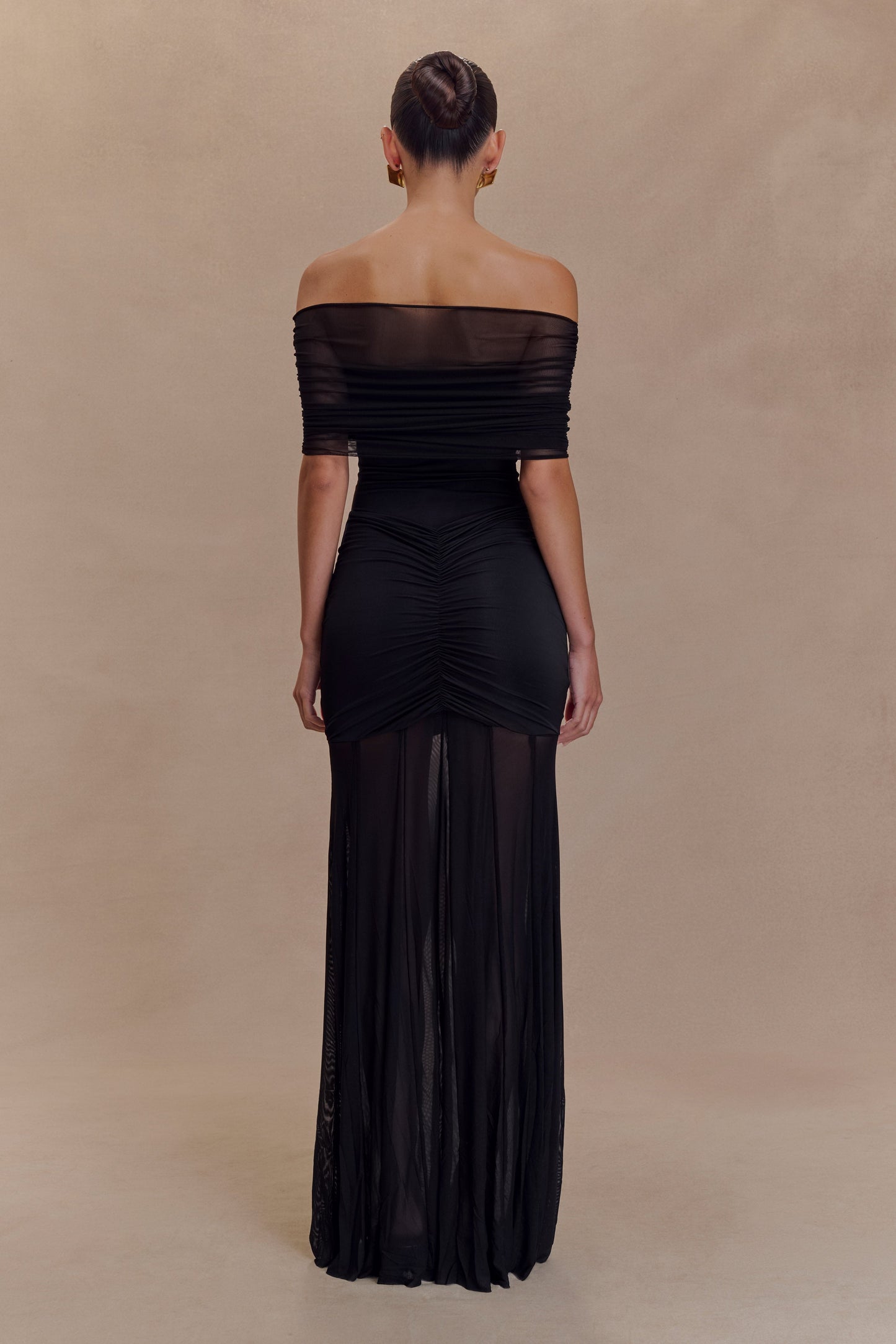 Caspian Slinky And Mesh Off Shoulder Maxi Dress - Black