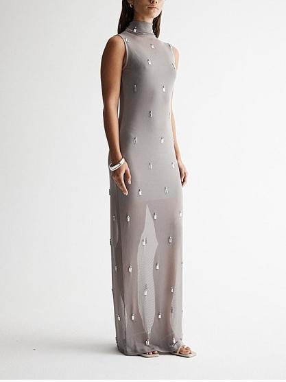 Sheer Mesh Beaded Embellishment Maxi Dress