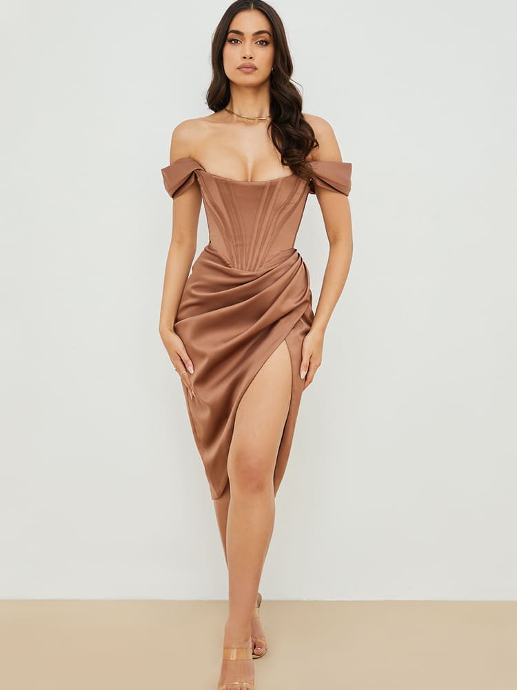 Cap Shoulder Corset Bodycon Midi Dress - Toffee Brown