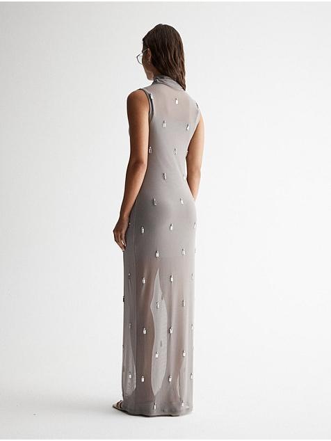 Sheer Mesh Beaded Embellishment Maxi Dress