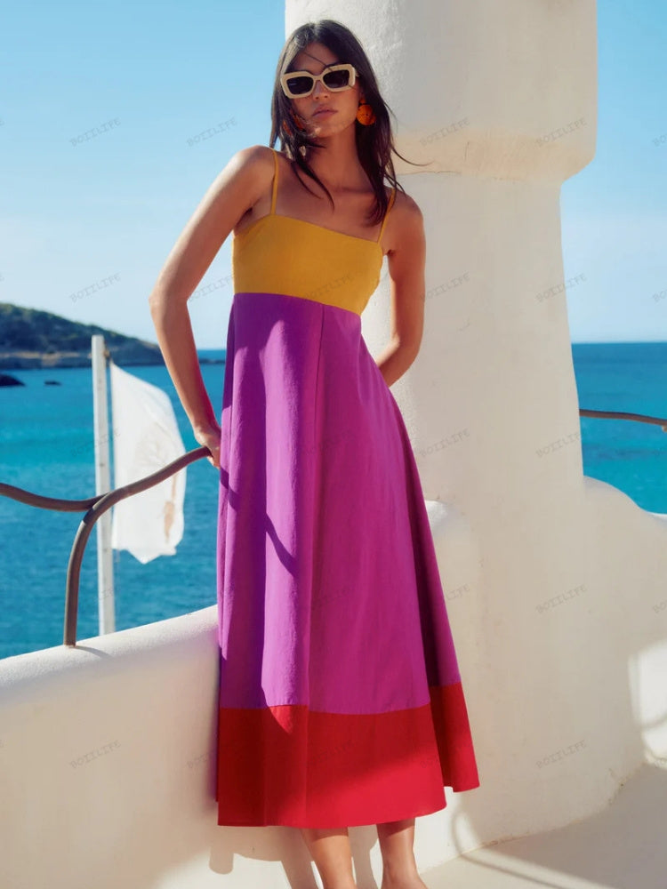 Vacation-Style Color Block Spaghetti Strap Dress