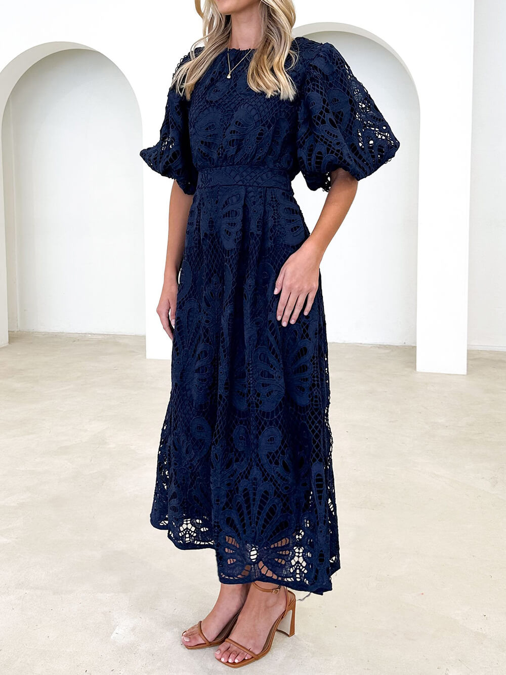 Puff Sleeve Lace Midi Dress