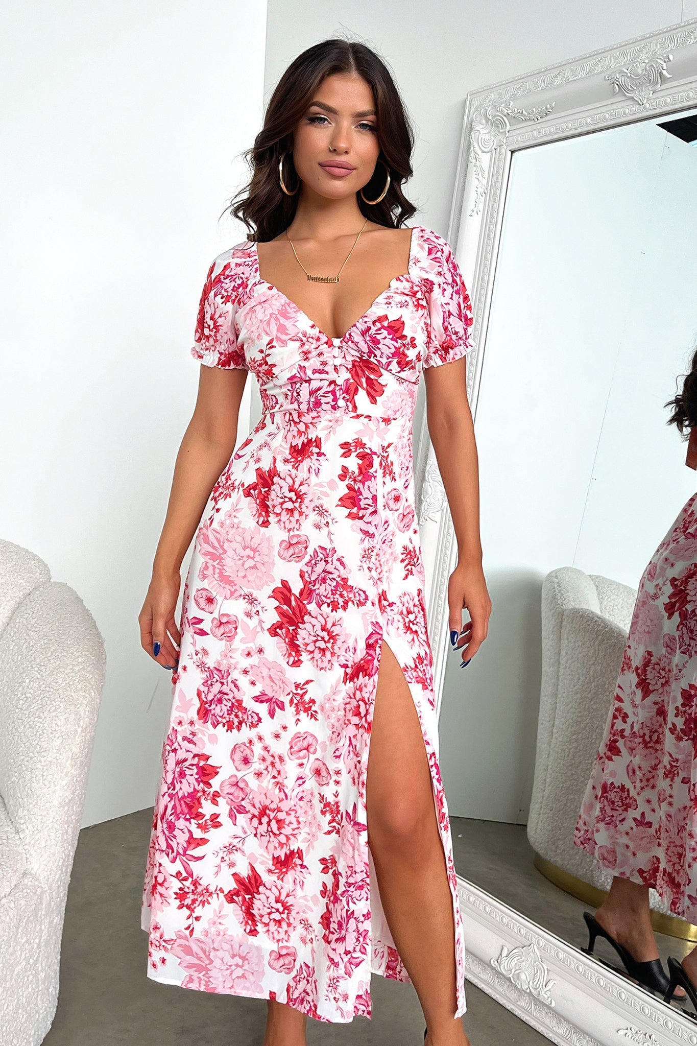 Solem Midi Dress - Pink / Red Floral